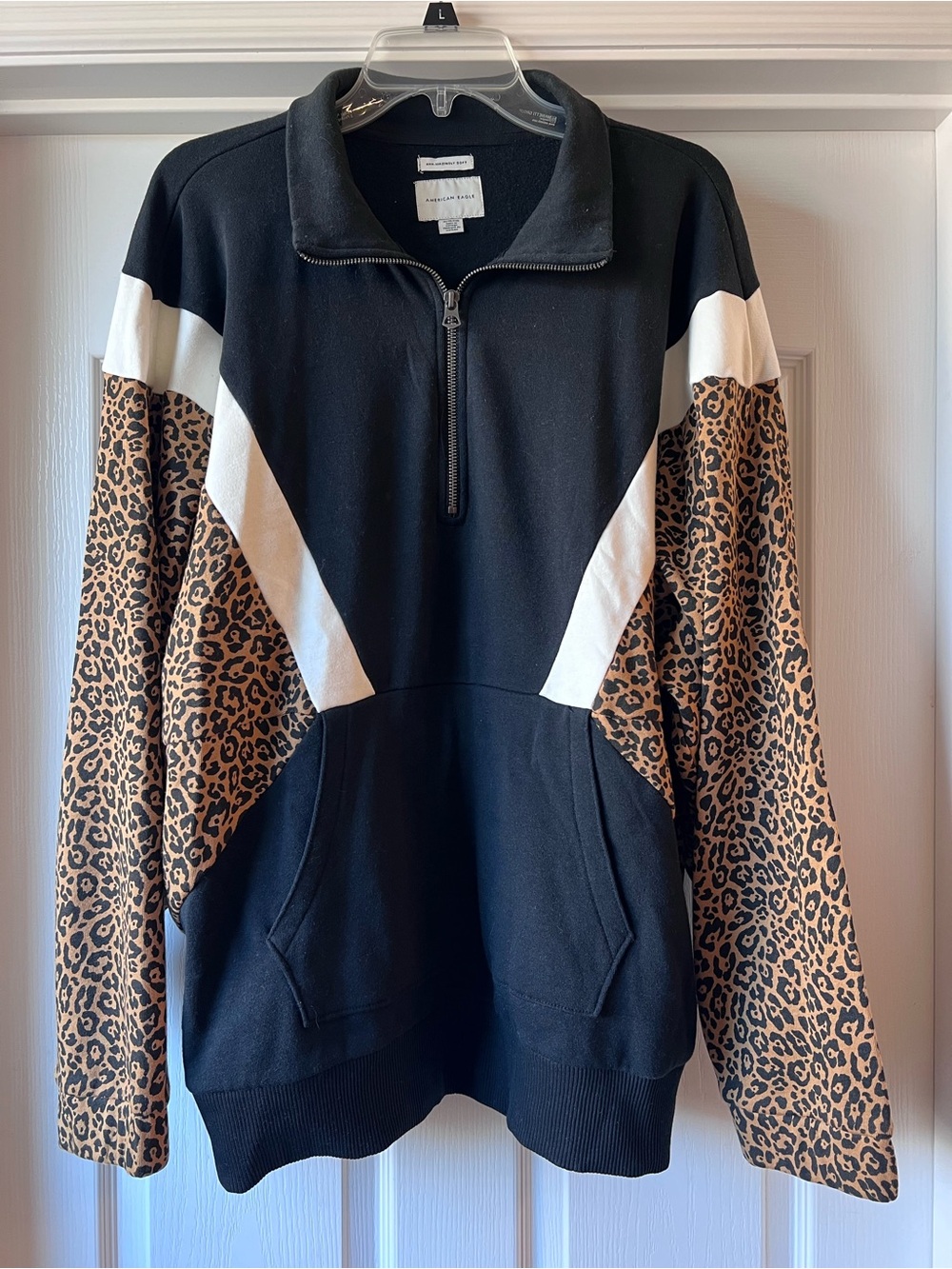 American Eagle Quarter Zip Ahh-Mazingly Soft Sweatshirt Leopard Black & White XL